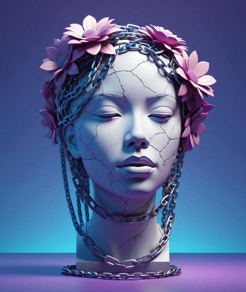 00692-2614763220-3d graphics, minimalism, pastel, graphic design, a sculpture of a head with chains and flowers around it, ((cracks)), by Beeple,.jpg